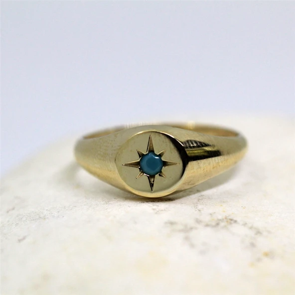 Firuze Taşlı Şimal Yıldızı Yuvarlak Mühür 925 Ayar Gümüş Yüzük-Yıldızlı Hediye Gümüş Yüzük - 4