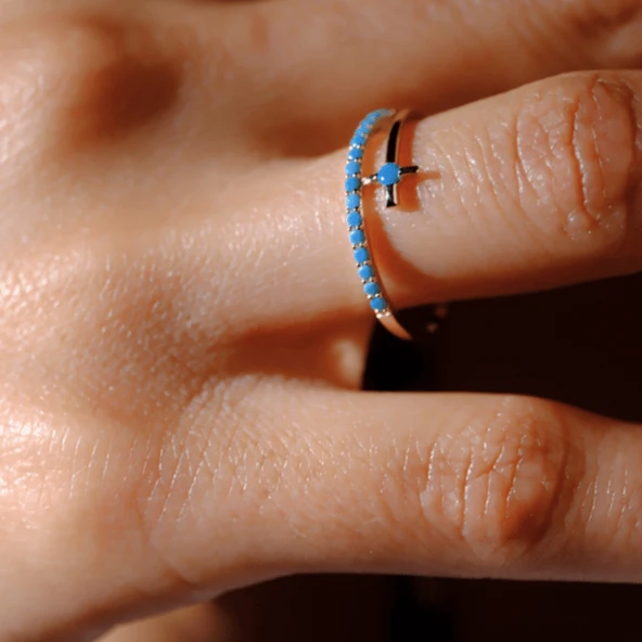 Gümüş Yüzük - Firuze Taşlı Yarım Tur Sarmalı Modern Tasarım 925 Ayar Gümüş Kadın Yüzük - Hediyelik - 12