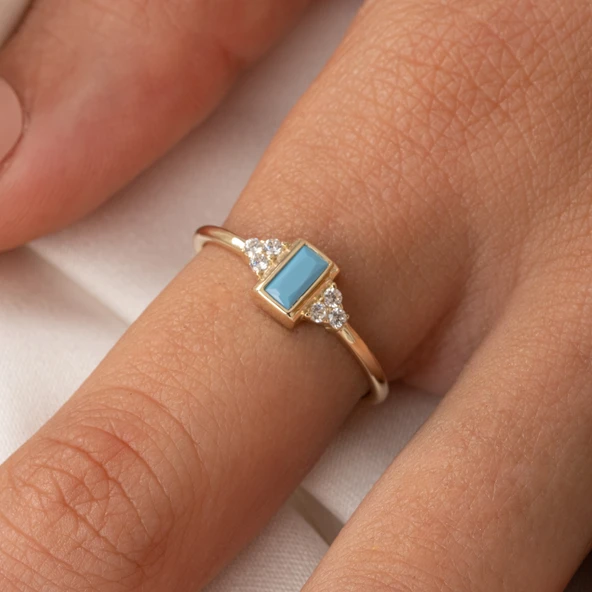 Gümüş Yüzük - Baget Kesim Firuze (Turkuaz) Taşlı Modern 925 Ayar Gümüş Tektaş Yüzük Günlük-Hediyelik - 9