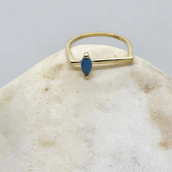 Gümüş Yüzük -  0.40 CT Mekik Firuze Taşlı Kare Kol Tasarım Gümüş Hediyelik Kadın Tektaş Gümüş Yüzük - Resim 7