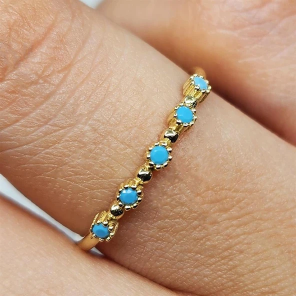 Gümüş Yüzük - Firuze Taşlı Beş Taşlı Minimal Modern Tasarım 925 Ayar Gümüş Yüzük - Resim 6