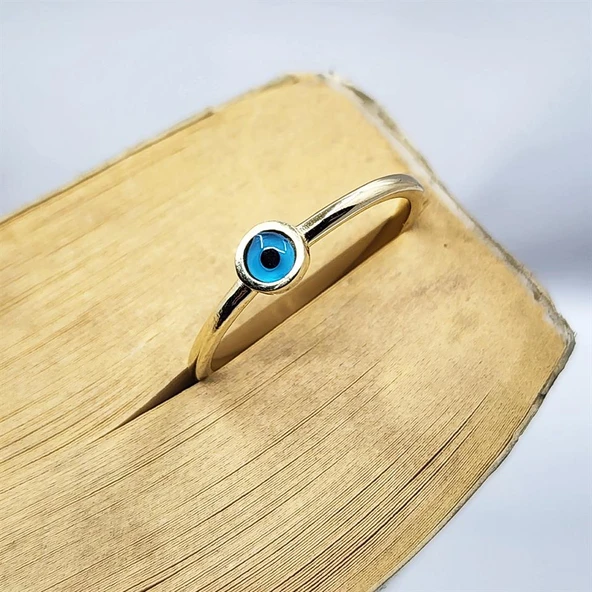 Gümüş Yüzük - Mavi Göz Boncuklu 925 Ayar Gümüş Tektaş-Nazar Boncuklu Minimal 925 Ayar Tektaş Yüzük - 7