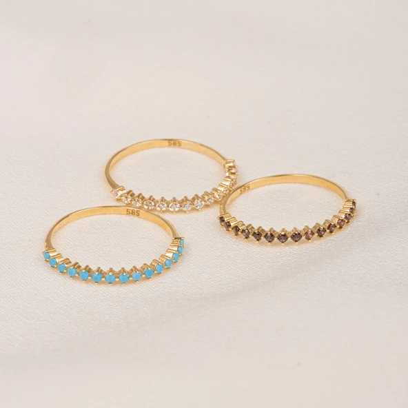 925 Ayar Gümüş Yüzük-Firuze Taşlı Yarım Tur Gümüş Yüzük-925 Ayar Kadın Hediye Sarı Gümüş Yüzük - 12