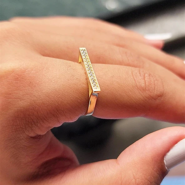 Gümüş Yüzük - Signity Swarovski Taşlı Düz Çizgi Modern Dizayn 925 Ayar Gümüş Yüzük - 9