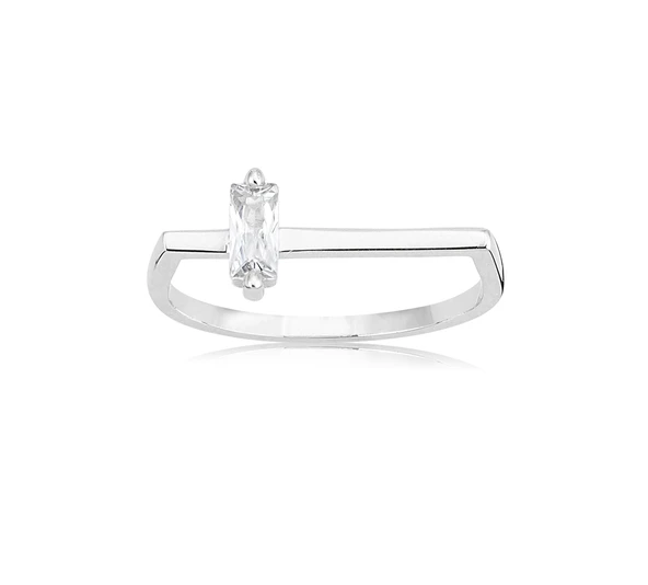 Gümüş Yüzük - Ufuk Çizgisi Şans Totemi Minimal Pırlanta Swarovski Taşlı Baget 925 Ayar Gümüş Yüzük - Resim 3