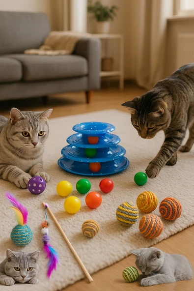 YİĞİTLERAVM 5' Li Kedi Oyuncağı Set:kedi Oltası,hacıyatmazlı 3katlı Oyuncak ,tüylü Top,sarma Top, Çıngıraklı Top