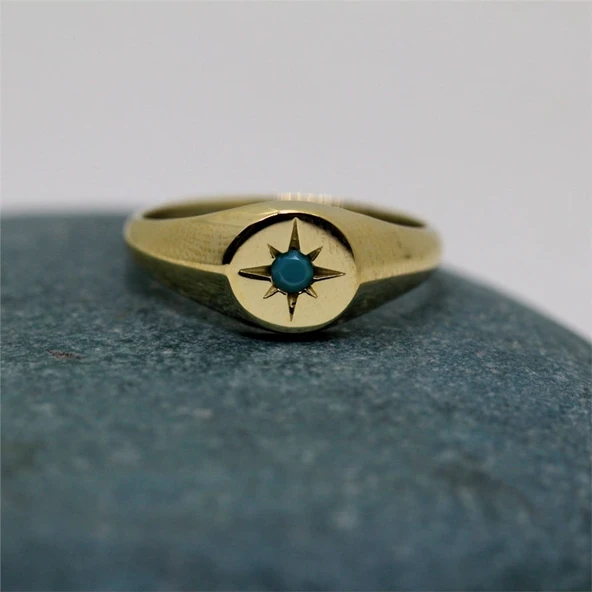 Firuze Taşlı Şimal Yıldızı Yuvarlak Mühür 925 Ayar Gümüş Yüzük-Yıldızlı Hediye Gümüş Yüzük