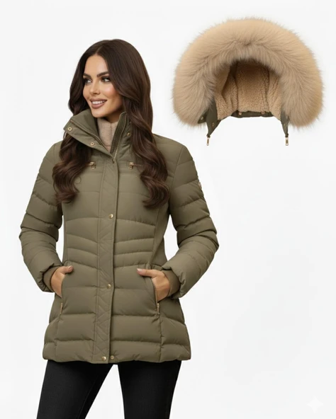 Kadın Spor Kapüşonlu İçi Peluş Mont  M5306 BGL-ST04891 - Resim 9