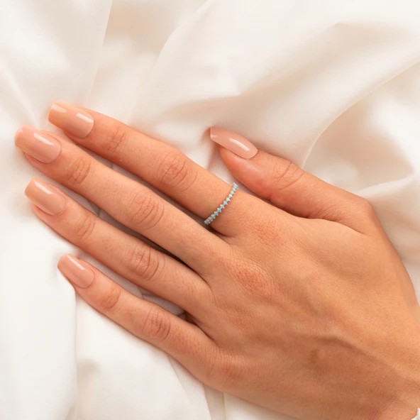 925 Ayar Gümüş Yüzük-Firuze Taşlı Yarım Tur Gümüş Yüzük-925 Ayar Kadın Hediye Sarı Gümüş Yüzük - 3