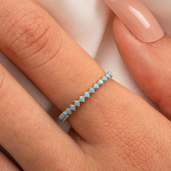 925 Ayar Gümüş Yüzük-Firuze Taşlı Yarım Tur Gümüş Yüzük-925 Ayar Kadın Hediye Sarı Gümüş Yüzük - 7