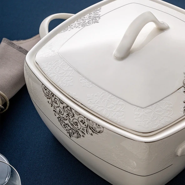 Emsan New Yasemin Porselen 60 Parça 12 Kişilik Yarım Kare Yemek Takımı Platin - Resim 8