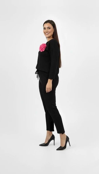 Kadın Büyük Beden Truvakar Kol Çiçek Detaylı İki İplik Eşofman Takımı 8224-26 - 3