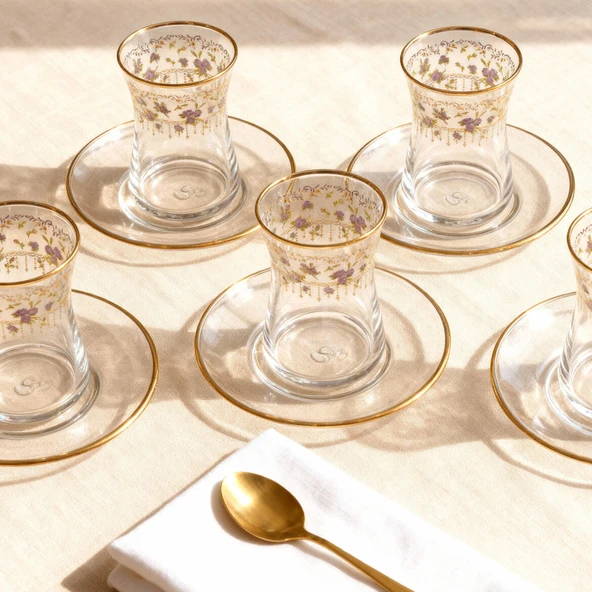 GÜRAL PORSELEN Güral Cam 12 Parça 6 Kişilik Çay Takımı Mor Çiçek - Resim 3