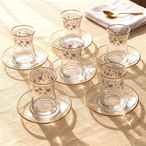 GÜRAL PORSELEN Güral Cam 12 Parça 6 Kişilik Çay Takımı Mor Çiçek ürün görseli 1