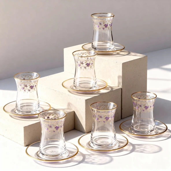 GÜRAL PORSELEN Güral Cam 12 Parça 6 Kişilik Çay Takımı Mor Çiçek - Resim 2