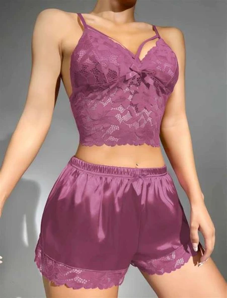 AmoraSecret AmoraSecret Dantelli Büstiyer İnce Askılı Lila Saten Şortlu Takım - Resim 2