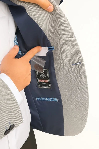 Plus Scorpion Gri Erkek İtalyan Kesim Blazer Ceket – Lacivert Detaylı, Kol Yamali, Slim Fit Şık Tasarım - Resim 5