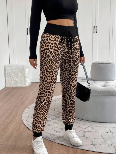 MDB Kadın Yüksek Bel Bağcıklı Desenli Iki Iplik Pantolon - Resim 5