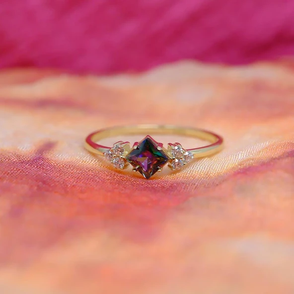 Gümüş Yüzük - Mistik Topaz Taşlı Alyans Yüzük- 0.40 Karat Topaz Evlilik Teklifi 925 Ayar Gümüş Yüzük - 6