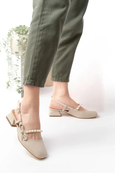 Papuç Sepeti HÇ150 Kadın İnci Fiyonklu 4,5 Cm Topuklu Ayakkabı ürün görseli 1