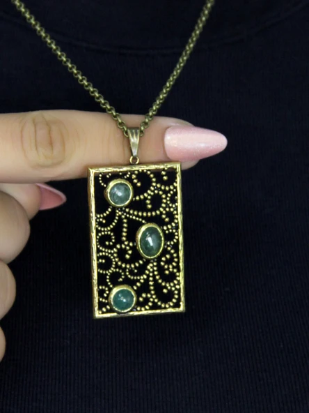 Doğal Taş Yeşil Akik 3'lü Doğal Taşlı Antik Kadın Kolye euk45ya - Resim 2