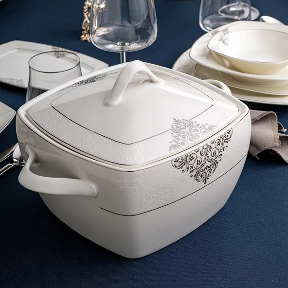 Emsan New Yasemin Porselen 60 Parça 12 Kişilik Yarım Kare Yemek Takımı Platin - Resim 9