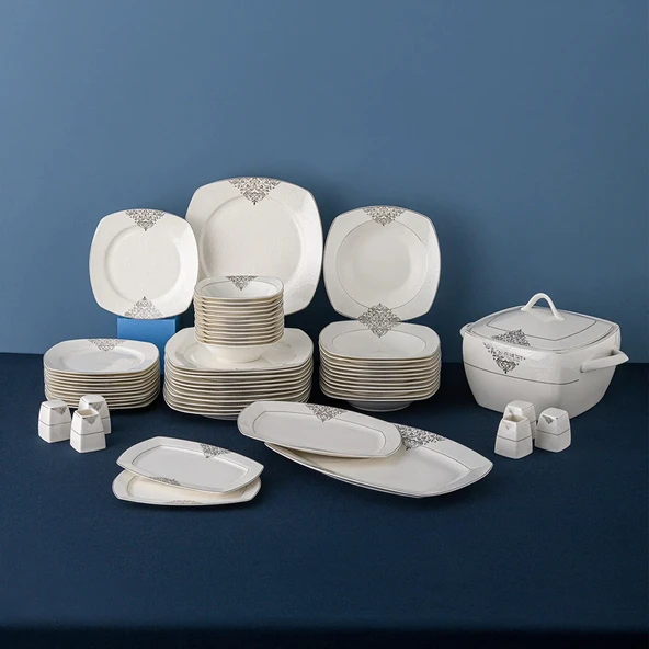 Emsan New Yasemin Porselen 60 Parça 12 Kişilik Yarım Kare Yemek Takımı Platin ürün görseli 1