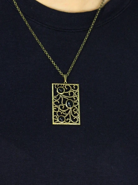 Doğal Taş Oniks 3'lü Doğal Taşlı Antik Kadın Kolye euk45o - Resim 3