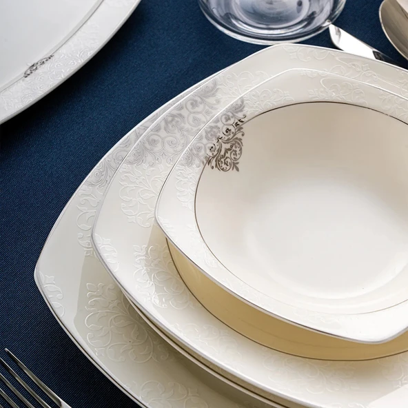 Emsan New Yasemin Porselen 60 Parça 12 Kişilik Yarım Kare Yemek Takımı Platin - Resim 12