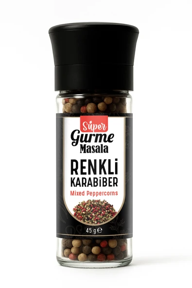 Renkli Karabiber Taneleri 45 gr – Cam Değirmen Kapak – Kırmızı, Yeşil, Beyaz ve Siyah Karabiber Karışımı ürün görseli