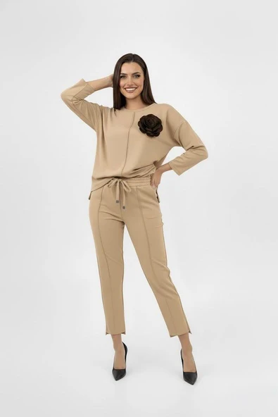 Kadın Büyük Beden Truvakar Kol Çiçek Detaylı İki İplik Eşofman Takımı 8224-26 - 5