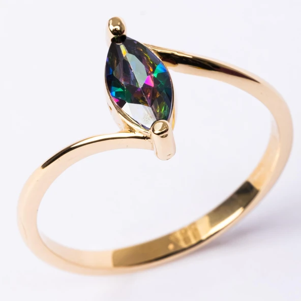 Gümüş Yüzük - 0.60 Karat Mekik Mistik Topaz Taşlı Es 925 Ayar Gümüş Evlilik Teklifi Yüzüğü - 10