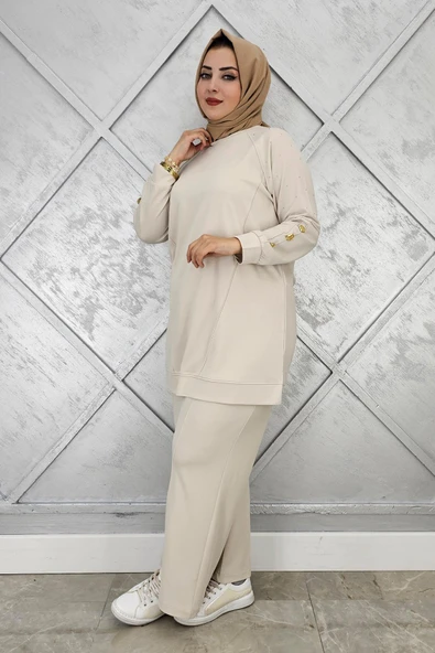 KADIN NERVÜR DİKİM DÜĞME DETAYLI TESETTÜR TAKIM - Resim 6