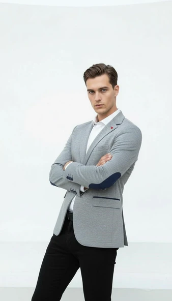 Plus Scorpion Gri Erkek İtalyan Kesim Blazer Ceket – Lacivert Detaylı, Kol Yamali, Slim Fit Şık Tasarım ürün görseli