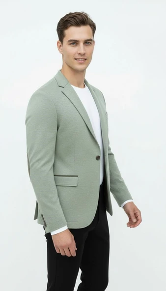 Plus Scorpion Haki Erkek İtalyan Kesim Blazer Ceket – Kol Yamali, Slim Fit, Şık ve Modern Tasarım - Resim 4