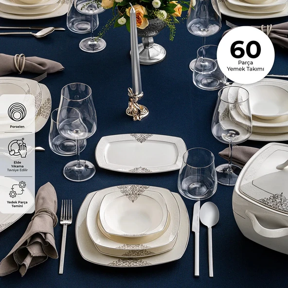 Emsan New Yasemin Porselen 60 Parça 12 Kişilik Yarım Kare Yemek Takımı Platin - Resim 2