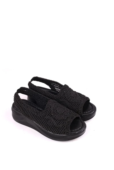 Papuç Sepeti 4708 Kadın 5 Cm Dolgu Topuklu Örgü Sandalet ürün görseli 1