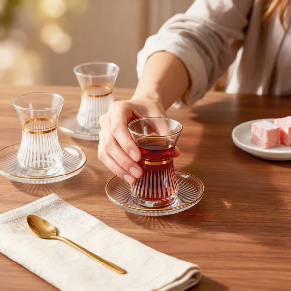 GÜRAL PORSELEN Güral Cam 12 Parça 6 Kişilik Elit Çay Takımı Altın - Resim 4