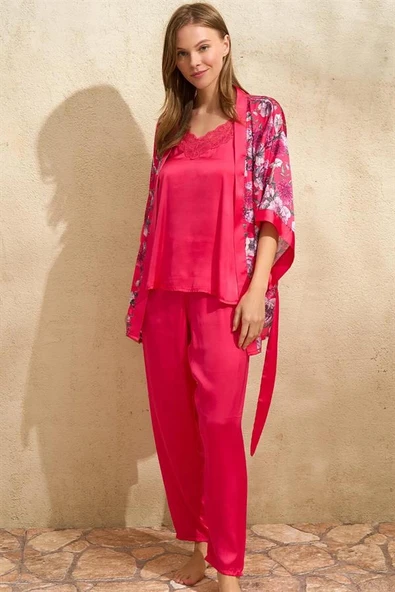 Saten Çiçek Baskılı Sabahlık Dantelli Atlet ve Pantolon Pijama 3'lü Takım ürün görseli