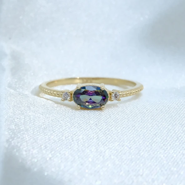 Gümüş Yüzük - Mistik Topaz Oval Kesim Yan Zirkon Taşlı Modern 925 Ayar Gümüş Kadın Tektaş Yüzük - Resim 6