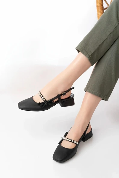 Papuç Sepeti HÇ150 Kadın İnci Fiyonklu 4,5 Cm Topuklu Ayakkabı - Resim 3