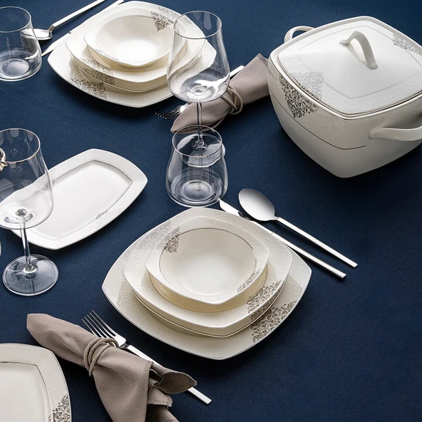 Emsan New Yasemin Porselen 60 Parça 12 Kişilik Yarım Kare Yemek Takımı Platin - Resim 5