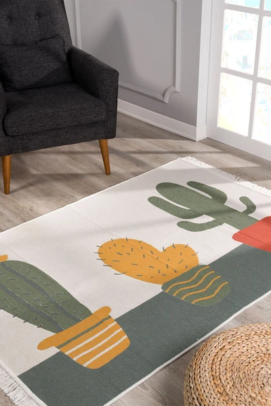 Çok Renkli Yumuşak Dokulu Çift Taraflı Yıkanabilir Pamuk Saçaklı Dokuma Dekoratif Kilim Halı - 11