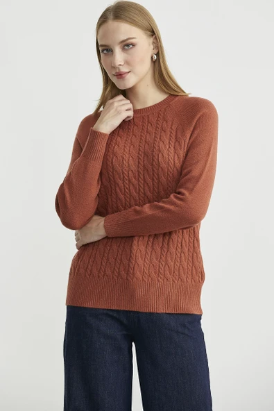 Motifli Daire Yaka Triko Kazak - Taba - Resim 5