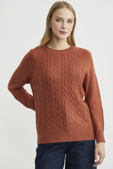 Motifli Daire Yaka Triko Kazak - Taba - Resim 2