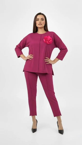Kadın Büyük Beden Truvakar Kol Çiçek Detaylı İki İplik Eşofman Takımı 8224-26 - 8