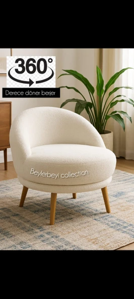 360 derece döner berjer, krem renkli peluş kumaş, tekli koltuk, mekanizmalı berjer ürün görseli 1
