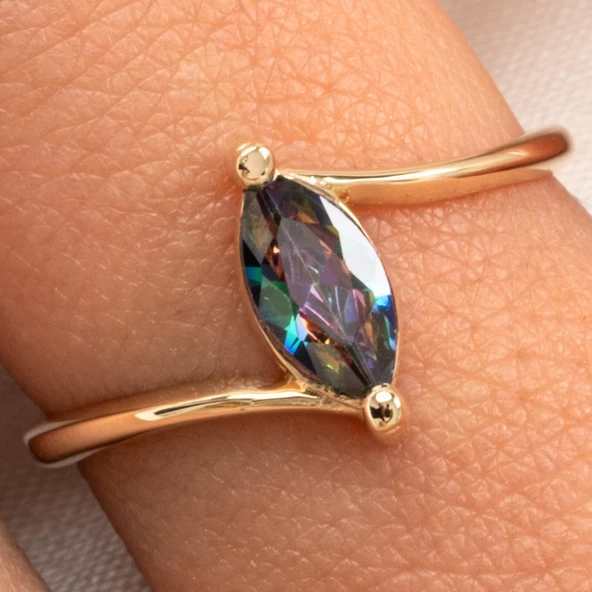 Gümüş Yüzük - 0.60 Karat Mekik Mistik Topaz Taşlı Es 925 Ayar Gümüş Evlilik Teklifi Yüzüğü - 11