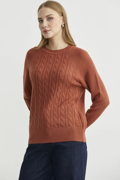 Motifli Daire Yaka Triko Kazak - Taba - Resim 4