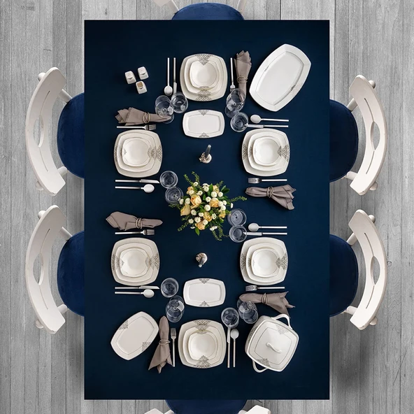 Emsan New Yasemin Porselen 60 Parça 12 Kişilik Yarım Kare Yemek Takımı Platin - Resim 4